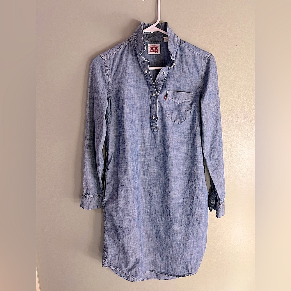 LEVIS WOMEM DENIM SHIRT DRESS SNAP PEARL BUTTON LONG SLEEVES SZ S